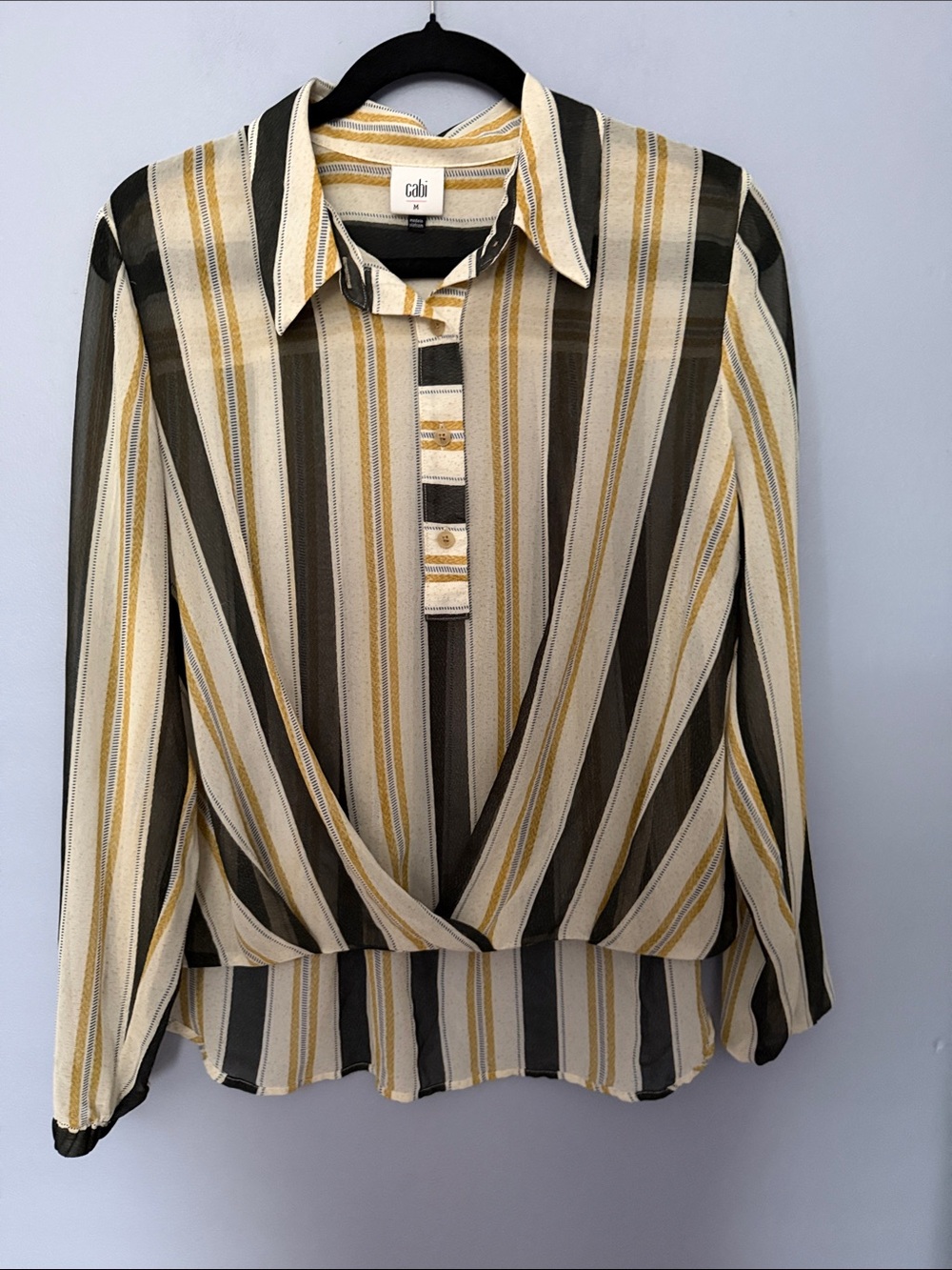 CAbi Yellow, Cream & Black Striped Button-Down Blouse sz medium